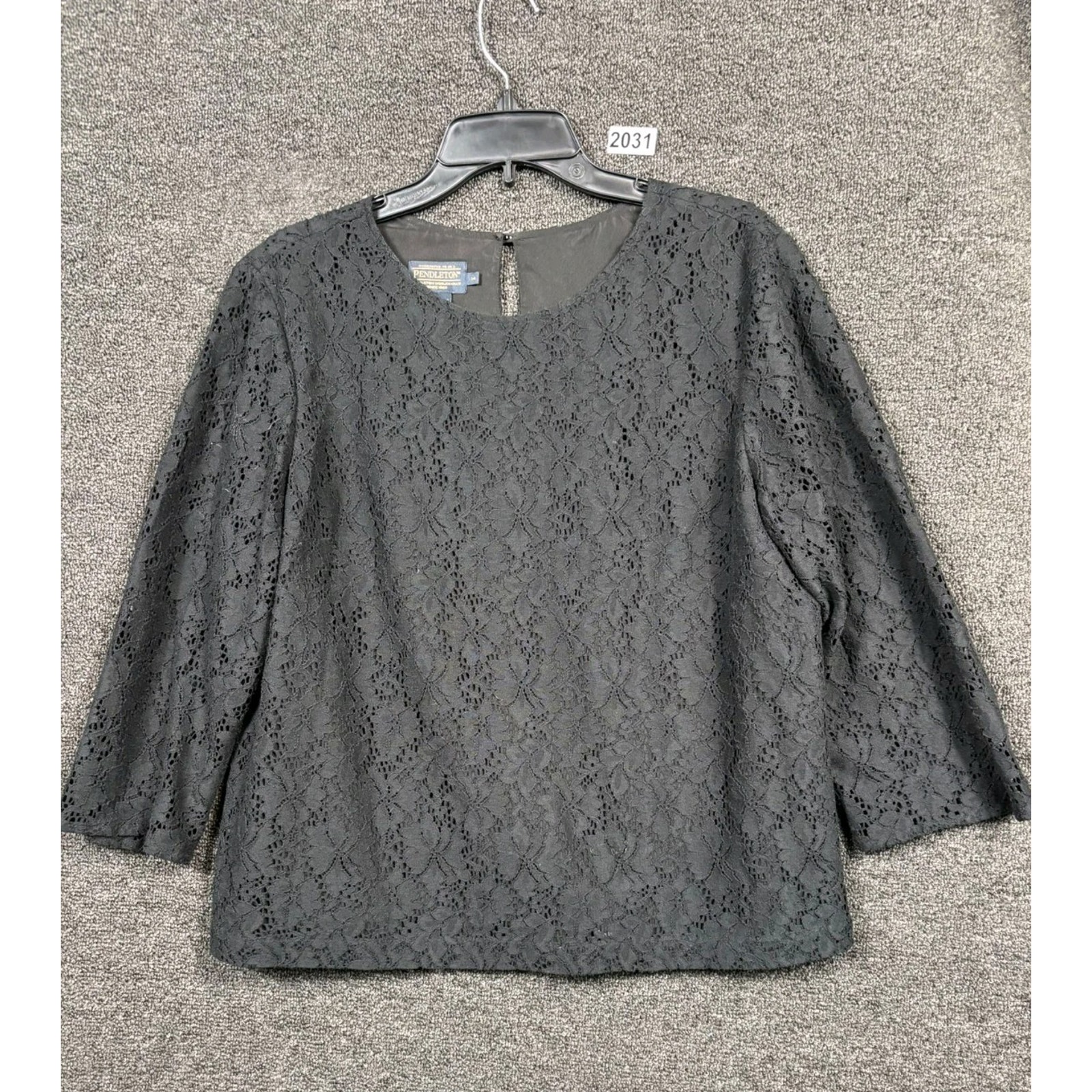 Pendleton Floral Lace Blouse Womens Size 14 Black Pullover Stretch Top